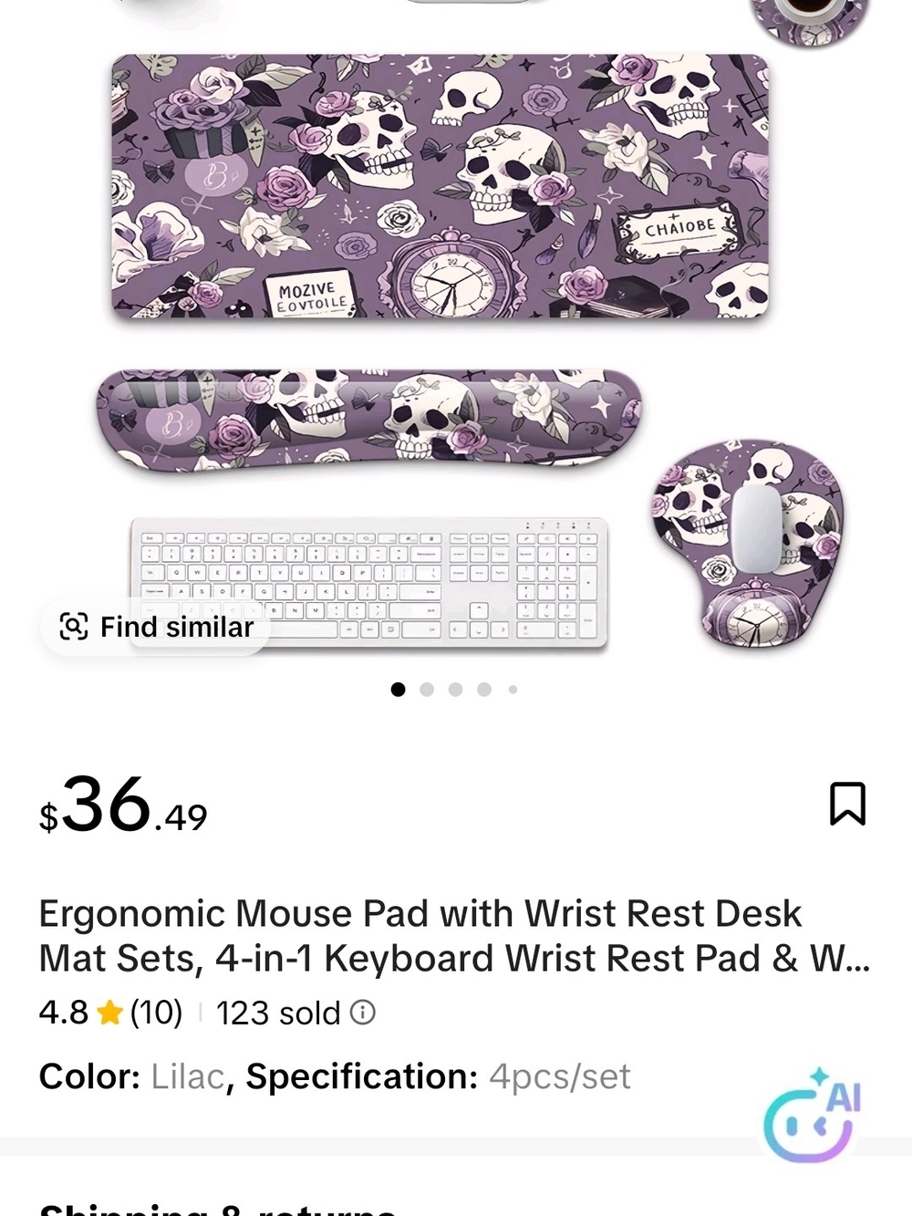Ergonomic Lilac Skull Desk Mat & Wrist Rest Set - 4pc